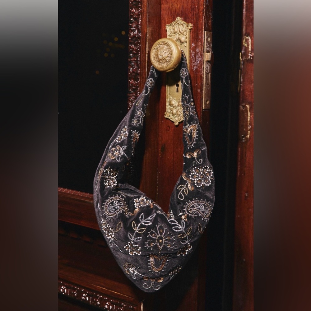 Free People Nashville Beaded Bag Shoulder Floral Paisley Black